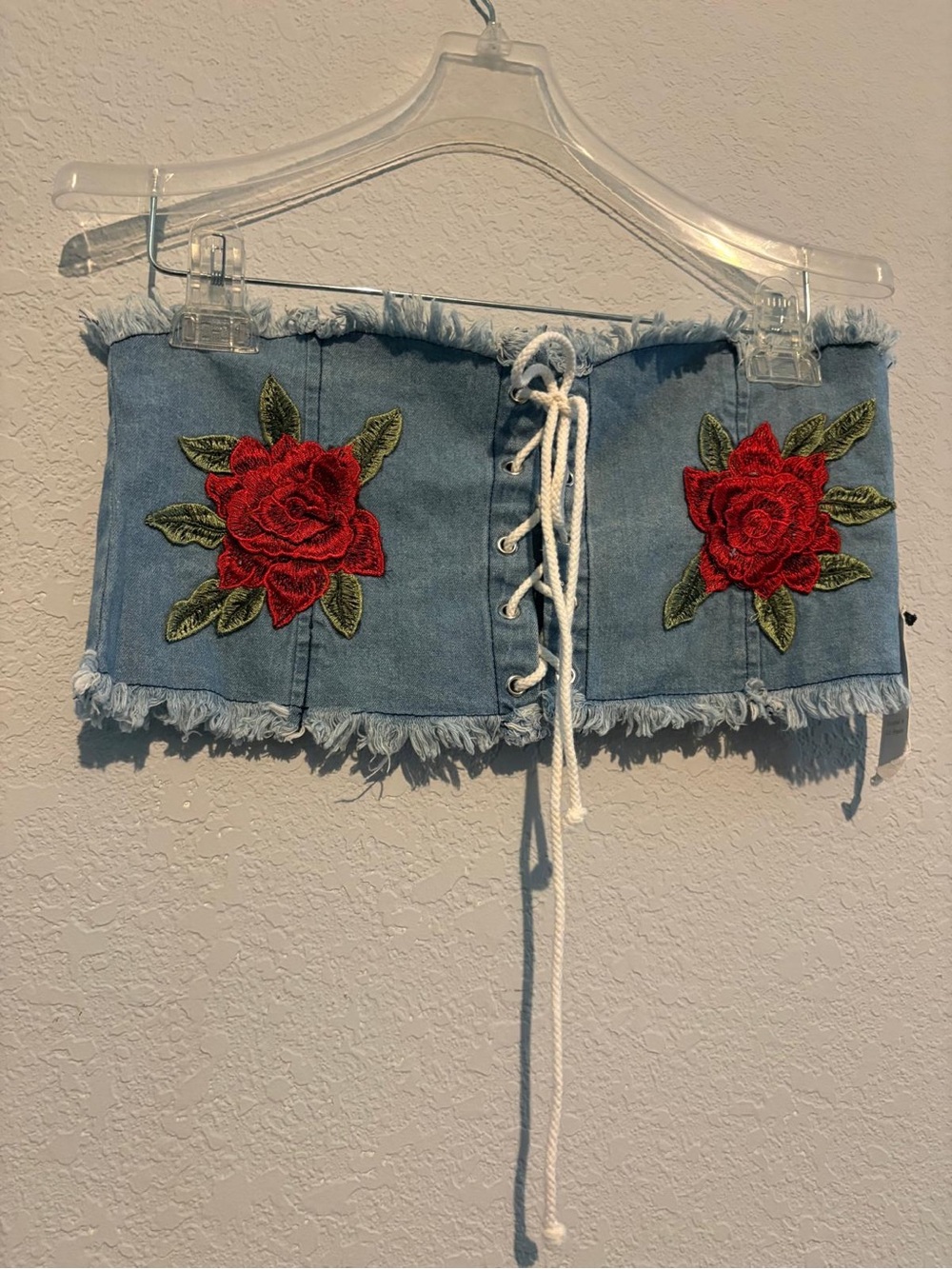 Active USA Light Blue Denim Lace-Up Crop Top with Red Rose Appliqués